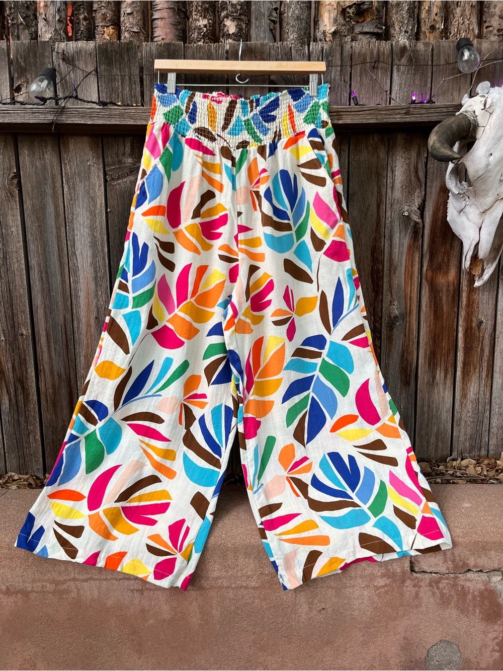 Tabitha Brown Wide-Leg Pants with Tropical Leaf Print